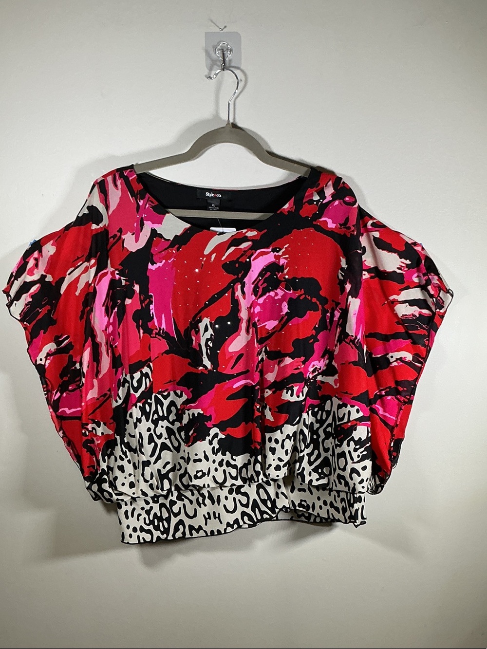 Style & Co XL Pink Red Abstract Blouse Rhinestone Accent Flutter Top